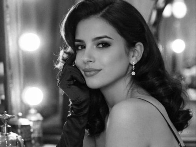 Black and white photograph of IsabellaJames, sexy and confident, with wavy dark hair, wearing a strapless top, earrings, and long gloves. Blurred lights in the background. Seductive gaze.