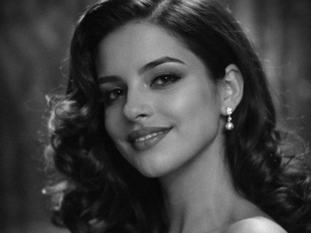 Black and white photograph of IsabellaJames, close-up, smiling with dark, wavy hair, wearing pearl earrings, soft light highlights her face, sexy tension, confident expression, subtle makeup, smooth skin.