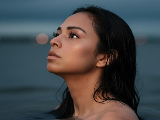 Photographie d'Aliicia Smith, les cheveux foncés et mouillés, regardant vers le haut avec une expression intense, fond bleu-gris, gouttes d'eau présentes. peau nue, épaules dénudées, lumière douce du soir, léger sourire, tension sexuelle, pose séduisante.