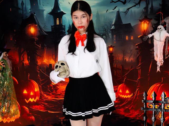 ZoeWinfrey with black pigtails, white blouse, red bow, black skirt, holding skull, surrounded by glowing jack-o'-lanterns, dark spooky houses, bats, moonlit sky, intense Halloween vibe, eerie atmosphere.