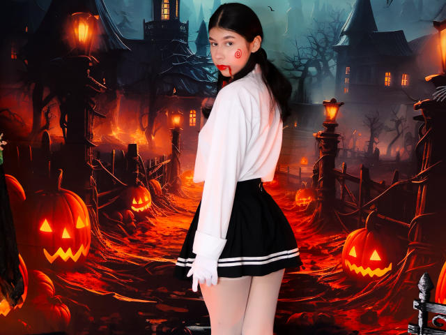 Digital artwork of ZoeWinfrey with long black hair, red lips, white blouse, black skirt, and white gloves, standing in a fiery, Halloween-themed landscape with glowing jack-o'-lanterns and dark houses.