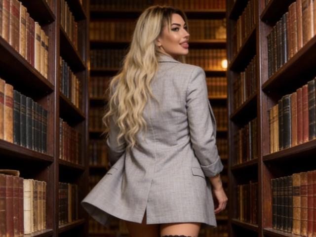 ZoeyMarie se tient dans un rayon de bibliothèque, dos à la caméra, portant un blazer gris qui s'évasé, révélant ses fesses nues. Ses longs cheveux blonds tombent sur son dos. Elle regarde par-dessus son épaule avec une expression séduisante..