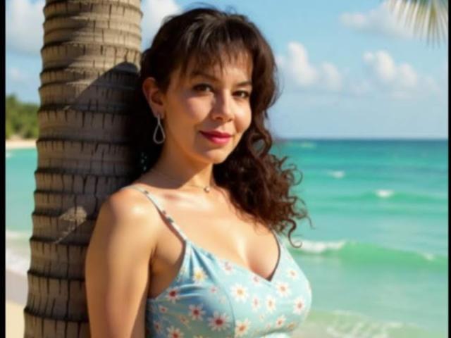 Photograph of SamaraBellet standing by a palm tree on a beach, wearing a floral bikini top, smiling with dark curly hair, tan skin, and turquoise ocean in the background. Fucking hot.