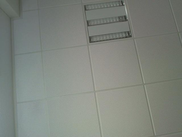 Primo piano di un soffitto bianco, forato, con lampade rettangolari. La texture è a griglia, con piccoli fori. Le luci sono disposte orizzontalmente vicino alla parte superiore destra. Un'atmosfera industriale, decisamente..