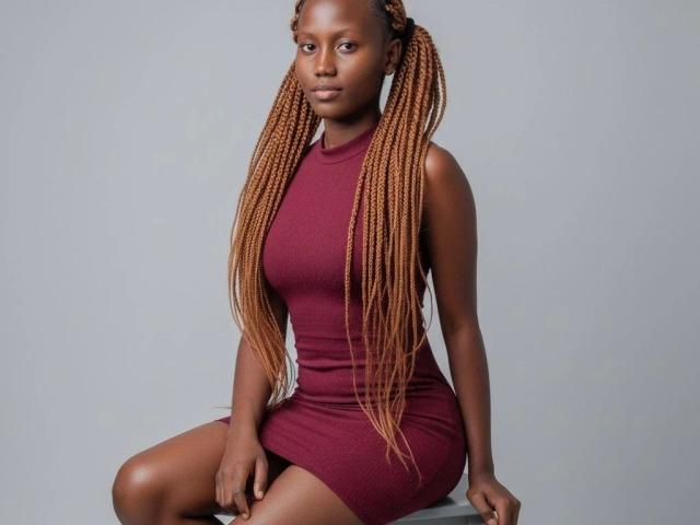 Sexyariaashley-hot est assise, les jambes pliées, vêtue d'une robe rouge foncé moulante sans manches, mettant en valeur de longues tresses épaisses orange. Sa peau foncée contraste avec le fond blanc. Son expression est confiante et séduisante..