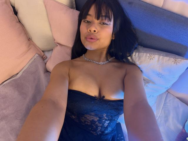 Vannesa Saenz è sdraiata su un letto con dei cuscini, indossa un top nero in pizzo senza spalline che mette in mostra il décolleté. Lei sta guardando la fotocamera con la bocca leggermente aperta, e indossa una collana d'argento. Molto attraente..