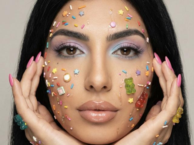 Close-up van BrunetteBabe69 met een gezicht bedekt met kleurrijke snoepjes, handen die het gezicht omlijsten, roze nagels, paars oogschaduw. glanzende lippen, intense blik. Levendige kleuren, sensuele expressie, gedetailleerd make-up..