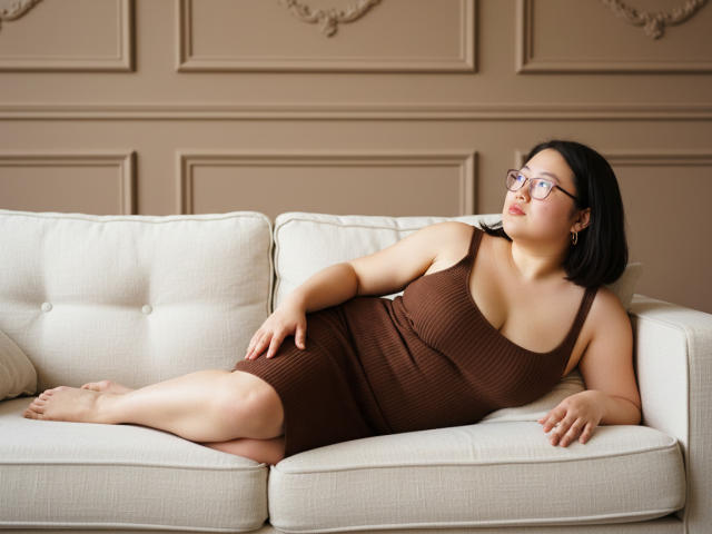 QiraNiki is lying on a white couch, wearing a brown ribbed dress, showing her tits, with glasses, black bob, and light skin, looking to the side.