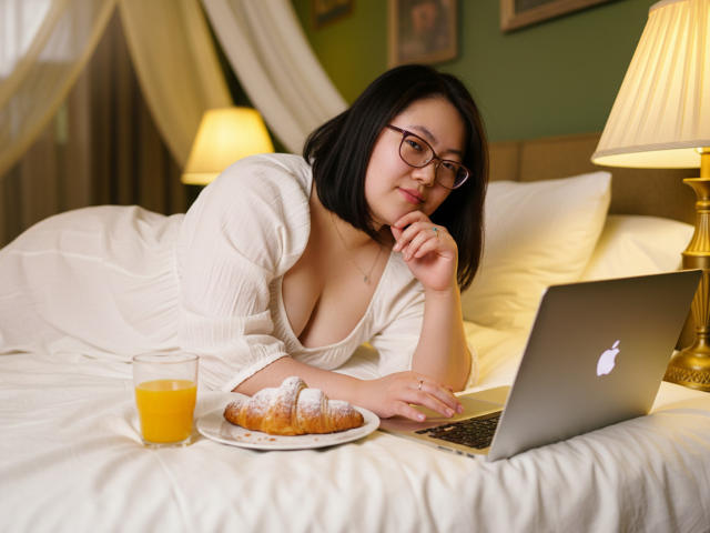 QiraNiki with black hair and glasses, laying on bed, white top, showing boobs, laptop, orange glass, donut, and lamp, smiling, finger on chin, relaxed.