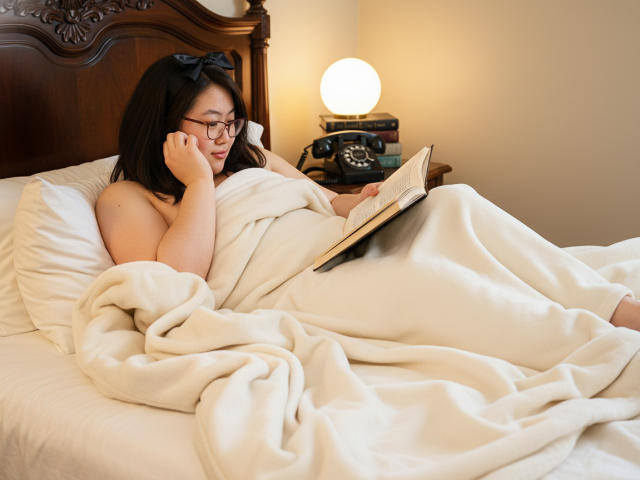 QiraNiki with dark hair and glasses, naked under a white blanket, reading a book in bed, holding phone to ear, wooden headboard, round lamp, vintage phone, soft lighting.