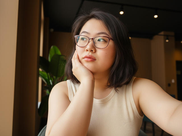 QiraNiki has a cute, chubby face with black shoulder-length hair, wearing glasses and a beige tank top, resting her hand on her cheek, looking off to the side.