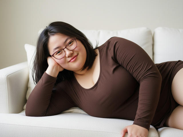QiraNiki with short black hair, glasses, and brown dress, lying on a white couch, head on hand, smiling, showing small tits and curvy ass, in a relaxed pose.