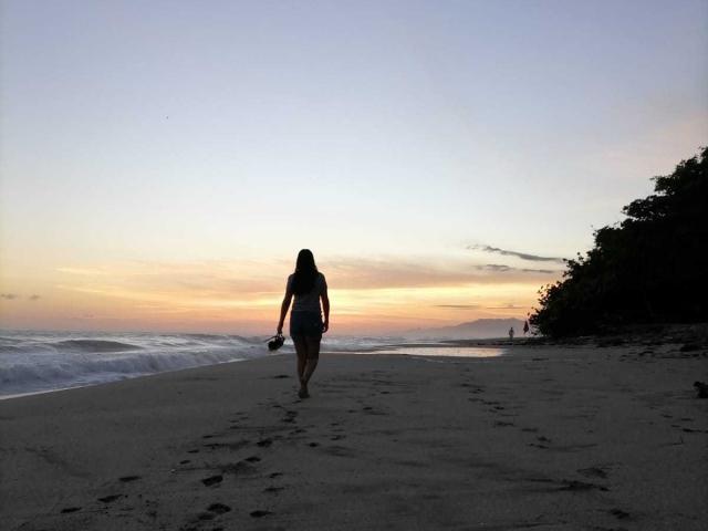 Silhouette of PauletteLoveX walking along a beach at sunset, holding hands with someone off-screen. Bright sky with orange and yellow hues, darkened sand, and distant trees on the right.