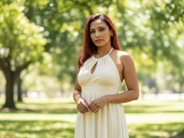 Photograph of RoxaneMoore with red hair, standing in a sunlit park. She wears a sleeveless white dress with a keyhole cutout, hands clasped at her waist. Background is blurred greenery. Fucking sexy.