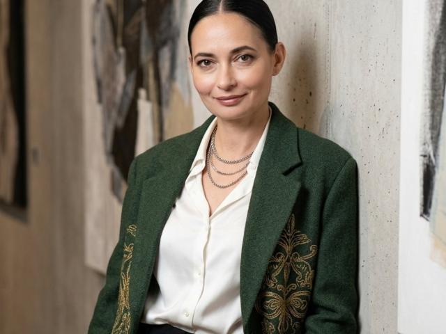 Fotografia di Emiliya Philips con i capelli tirati indietro, che indossa un blazer verde con ricami dorati, una camicia bianca e collana.
sorride, è in piedi contro un muro sfocato. È incredibilmente attraente, trasmette sicurezza..