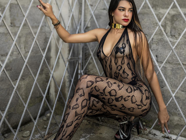VanelopeRusso, squatting against a wire fence, wears a black, deep V-neck fishnet bodysuit, showing ample cleavage. Long black hair, red lips, gold "NINE" choker, black high heels. Sexy, provocative pose.