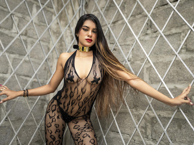 Vanelope Russo, de pie frente a una valla de alambre con un diseño de diamantes, lleva puesto un body negro de encaje transparente, que deja ver su pequeña senos y cuerpo tonificado. Cabello largo y castaño, collar dorado, lápiz labial rojo, mirada intensa. Increíblemente sexy..