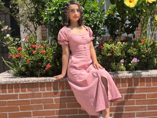 MiaWhalker with curly brown hair, pink dress, and buttoned front, sitting on brick wall, hands on stone ledge, green foliage and pink flowers behind her. She's looking forward.