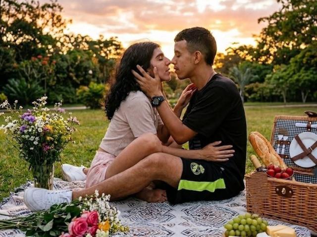 ValentinaMike and a dude are kissing on a picnic blanket. She's got her hands on his face, he's got his arm around her. She's wearing a pink dress, he's in black shorts.