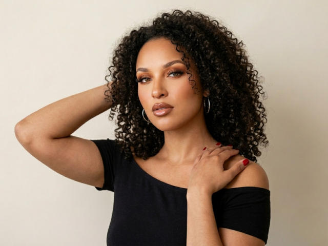 CarlaMuille has medium brown skin and curly black hair. She wears a black off-shoulder top and silver hoop earrings. Her right arm is raised, hand touching her head, while her left hand rests on her chest with red-painted nails. She has brown eyes, arched eyebrows, and glossy pink lips. The image focuses on her upper body and face, with a neutral, slightly off-white background. The composition is centered, highlighting CarlaMuille's confident and relaxed expression.