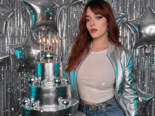 JaneRoa stands in front of a metallic, silver-themed backdrop with star-shaped balloons. She has long, wavy auburn hair and wears a silver metallic jacket over a white, form-fitting crop top. She's also wearing blue jeans with a detailed, silver belt. A silver, two-tiered cake with five lit candles and silver balls is to her left. The metallic texture of the backdrop and balloons reflects light, creating a shiny, festive atmosphere. The image uses bright, metallic colors and a celebratory, party-like composition.