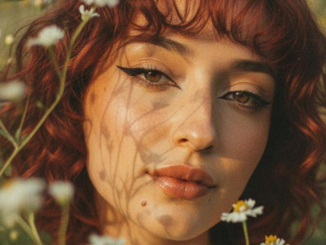 NickiCandy has red curly hair, winged eyeliner, and a cute face with daisy shadows on her skin and lips. She's looking at the camera with pouty, slightly glossy lips.