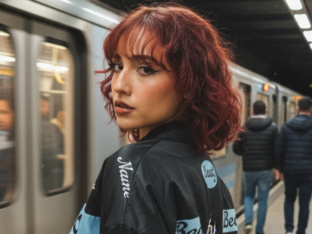 NickiCandy with red curly hair, black and blue shirt, looking over shoulder, standing near subway train, people in background, subtle makeup, cute, ass slightly visible, medium shot.