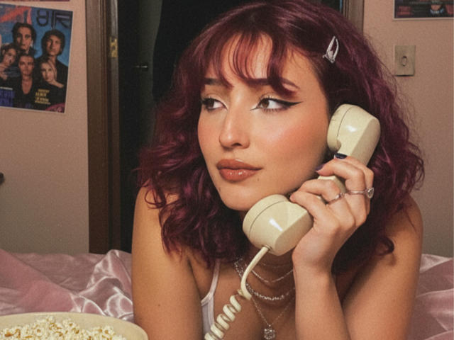 NickiCandy with purple hair, holding a beige landline phone, looking to the side with pouty lips, wearing a white tank top, sitting on a pink bed with popcorn.