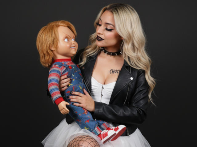 NickiCandy with blonde hair, black lipstick, and a black leather jacket, holding a Chucky doll in a blue shirt with red stripes, white dress, and fishnet stockings.