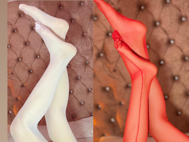 Two close-up images of legs in sheer, glossy stockings. Left leg is white, right leg is red, both with visible seams running up the back. Legs are crossed, feet pointed upward. Background is a tufted, beige fabric with diamond patterns and small, shiny buttons. Stockings are slightly transparent, showing a smooth texture. Red leg has a slight curve, white leg is straighter. Both legs have a sleek, polished appearance. No visible watermark.