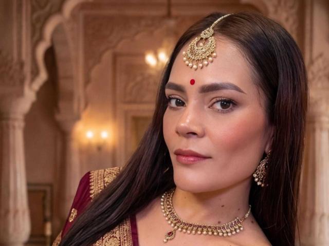 A close-up of ShantalaKrisha with long dark hair, wearing a gold and red traditional Indian outfit. She has a red bindi on her forehead, gold earrings, and a matching necklace. Her brown eyes look slightly to the right, and she has a subtle smile. The intricate patterns on her clothing and jewelry are highlighted by soft, warm lighting. Her skin is fair with a slight blush on her cheeks.