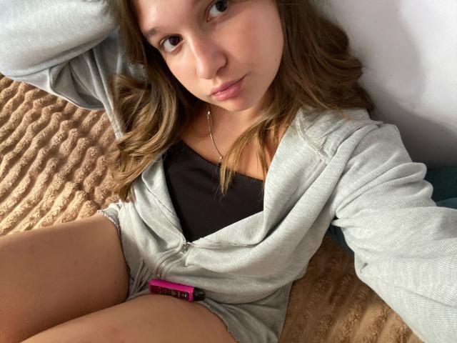 MissKuromi with brown hair, light skin, wearing a grey zip-up hoodie, black top, and no pants, showing her pussy with a pink vibrator on her thigh.