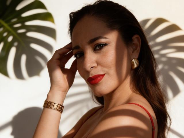 MiaTentacion has dark brown hair, red lipstick, and gold hoop earrings. She's wearing a red strap top and a gold bracelet. Her right hand touches her head, casting shadow patterns from a monstera leaf. The light creates sharp, contrasting shadows on her face and background. Her makeup is bold with dark eyeliner, and her expression is confident. The image has a warm, natural light.