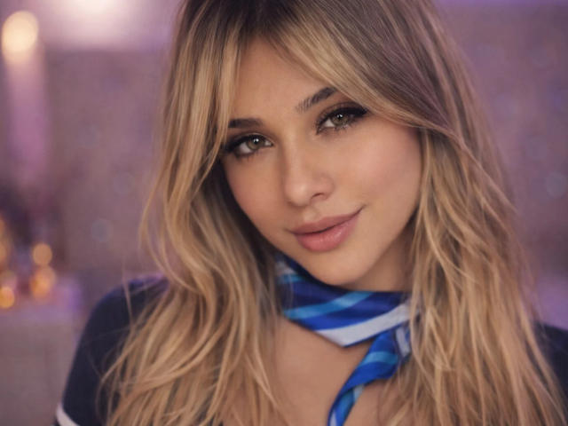 Close-up of SashaPolet with wavy blonde hair, light brown eyes, and a subtle smile. She wears a blue and white striped scarf around her neck. Her makeup is subtle with dark eyeliner and light pink lipstick. She has a light skin tone and a youthful appearance. The background is blurred with soft, warm lights. The image has a shallow depth of field, focusing on SashaPolet's face. Slight bokeh effect in the background.