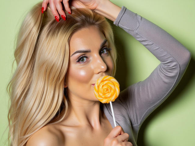 A photograph of AulloraFlirt with long blonde hair, green eyes, and red nail polish. She holds a yellow swirl lollipop in her mouth with a white stick. AulloraFlirt wears a grey long-sleeve top, her right hand touches her hair. The background is a solid light green. The image has a sharp, clear focus on AulloraFlirt's face and the lollipop. Her skin is smooth and slightly shiny. The overall composition is centered, with AulloraFlirt as the main subject.