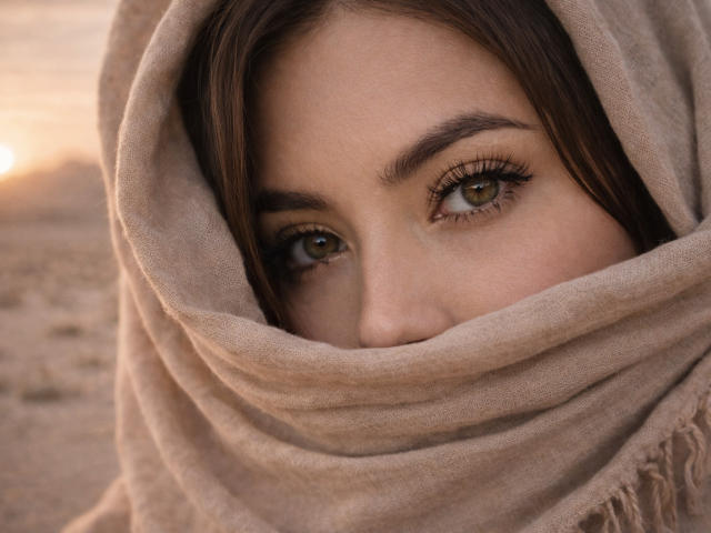 Close-up of SofieWhite's face, partially covered by a beige, textured scarf. Her green eyes are centered, gazing directly at the viewer with a slight, mysterious look. Brown eyebrows are well-defined, and her eyelashes are long and dark. Soft, natural light highlights her smooth, fair skin. The scarf's fabric is slightly frayed, adding a rustic feel. The background is blurred, emphasizing SofieWhite's eyes and the scarf. The image has a warm, earthy tone.