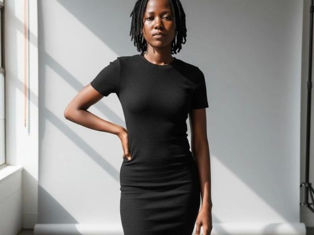 SexyBlack-hot stands in sunlight wearing a tight black dress, hand on hip, with dark braided hair, small breasts, and a serious expression. Her ass is not visible.