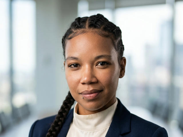 NaturaleBonyy has a dark brown face, braided hair, small nose ring, and is wearing a navy blazer over a white turtleneck. She's smiling softly with brown eyes.