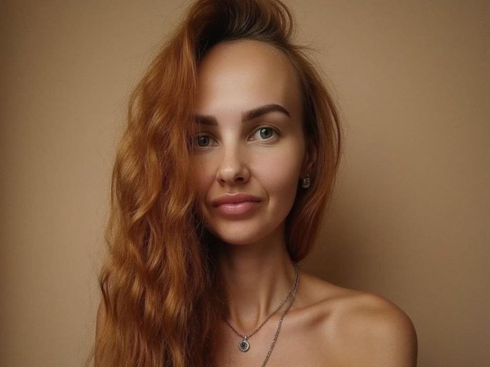 GingerGaze has wavy, red-orange hair covering one eye, green eyes, and a subtle smile. She's topless with a necklace, and has small, pretty tits.