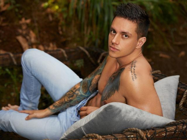 JeanBroc, shirtless, with tattoos on right arm and shoulder, blue jeans, sitting in wicker chair, grey pillow, brown hair, looking at camera, forest background, relaxed, muscular, cute.