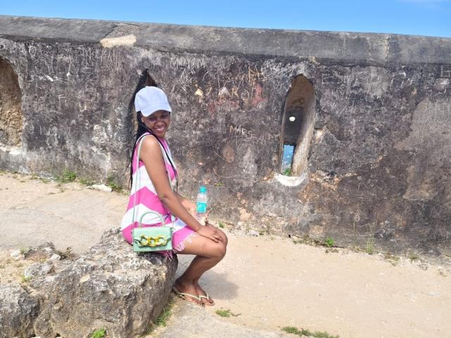 SexyRee mit dunkler Haut, langen schwarzen Haaren unter einer weißen Mütze, in einem pink-weißen Kleid, die eine Wasserflasche hält, auf einem Felsen sitzt, lächelt, Flip-Flops trägt, blauer Himmel..