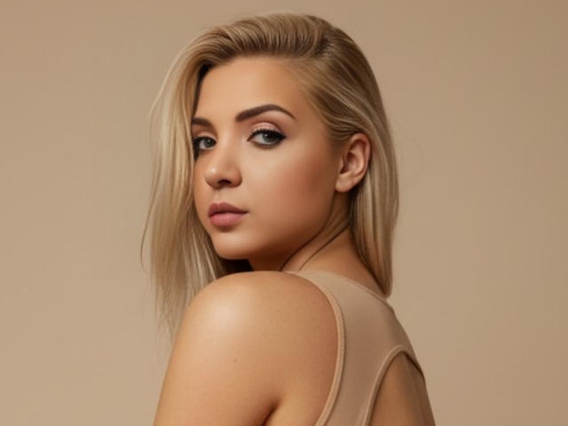 Malvvy's blonde hair and subtle makeup highlight her pouty lips and sultry eyes. She's wearing a beige top, showing her smooth shoulders and a hint of her ass.