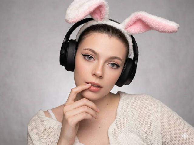 JennellMatacale with fluffy pink bunny ears, black headphones, and a finger near her pink lips. She's wearing a white knit sweater, looking cute and slightly bored.