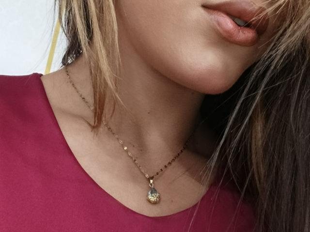El rostro de AliceCoolenk, mostrando sus labios y barbilla, con un collar dorado y una blusa roja, con cabello castaño y rubio, y un pequeño colgante en su cuello..