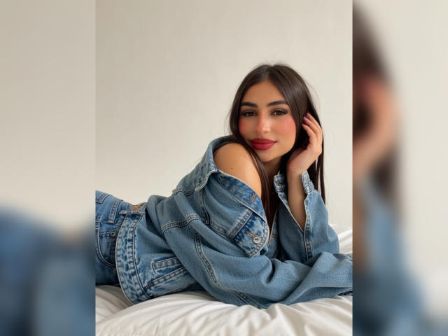 MiilaWx with long brown hair, red lipstick, and blue denim jacket, lying on white bed, looking at camera with hand on cheek, tits visible under jacket, smiling.