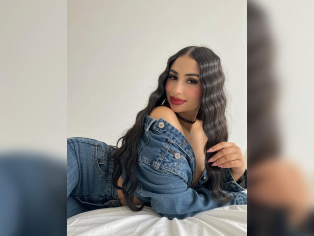 MiilaWx with long wavy black hair, red lipstick, and blue denim outfit, lying on white bed, off-shoulder, choker necklace, seductive smile, hand on bed, soft lighting.