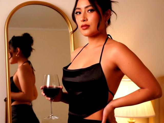 VelvetRoseX with dark hair in a bun, wearing a black halter top, holding a glass of red wine, reflected in a gold mirror, looking confident.