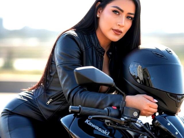 VelvetRoseX with long black hair, wearing a black leather jacket and black pants, leans on a Kawasaki motorcycle, holding a black helmet, looking confident with a slight smile.
