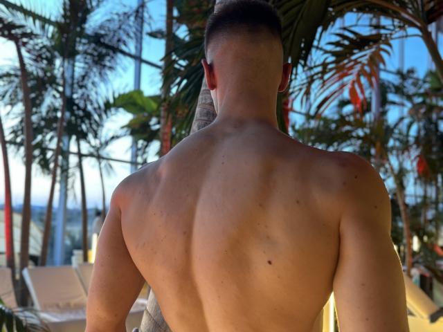 MaxKaiden's bare back, muscular, with a slight tan, standing with a palm tree in front, short buzzcut, small ear piercing, and visible shoulder tattoo, in a sunny outdoor setting.