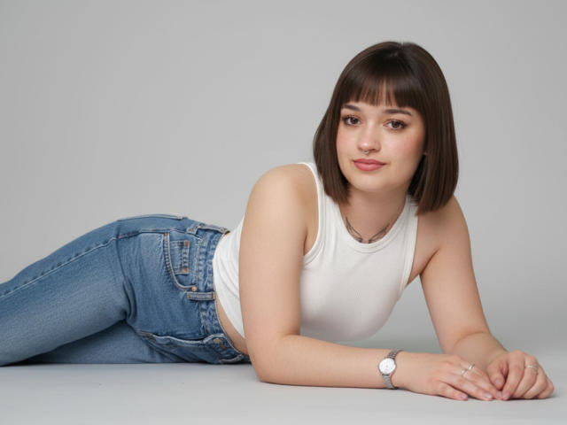 AnikaFleur with bob haircut, white tank top, blue jeans, lying on her stomach, smiling, wearing a silver watch, showing her tits, cute, slender, light skin.